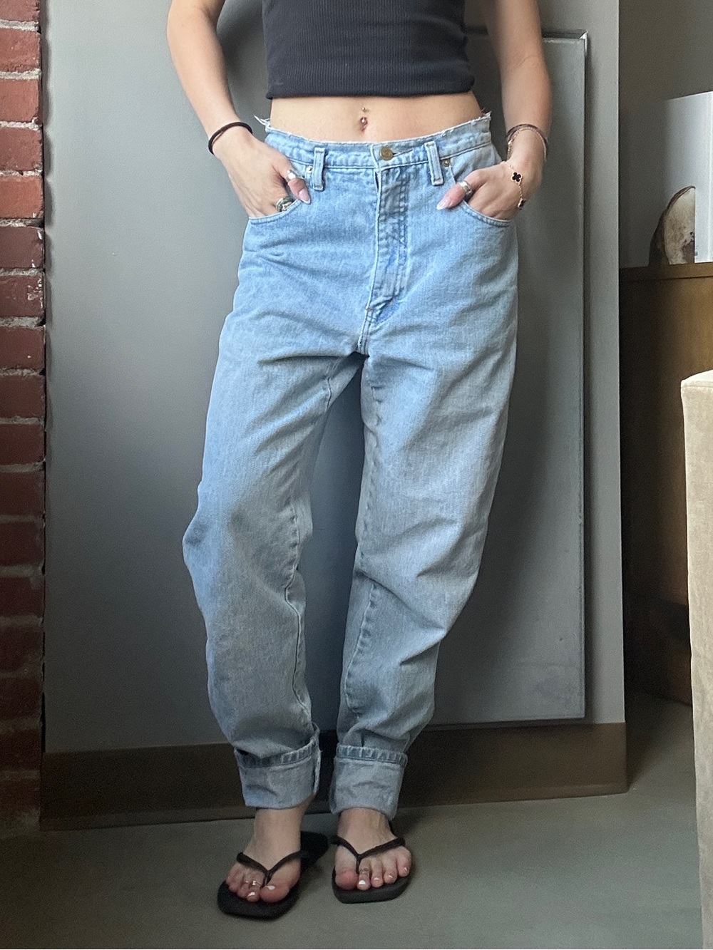 vintage light wash High-waisted blue denim mom jeans with a relaxed fit